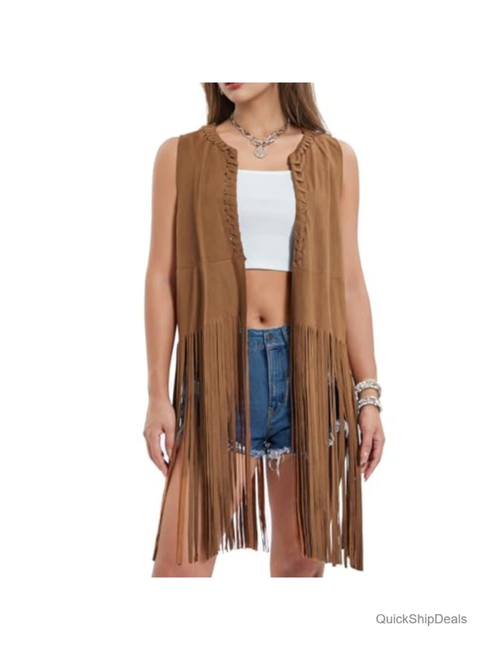 Faux Suede Fringe Vest 70s Hippie Costume Sleeveless Tassel Long Cardigan